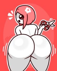 1girls ass ass_focus emoji emoji_(race) female_only flower flower_in_hair happy huge_ass legs_apart mob_face naked nude octotron2000 red_eyes red_hair scissors self_upload short_hair solo solo_female thick_thighs white_body wide_hips