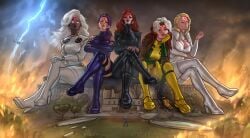 anna_marie avengers betsy_braddock blonde_hair brown_hair captain_marvel carol_danvers clothing dark-skinned_female defeated emma_frost facesitting female femsub giantess human_furniture humiliation janet_van_dyne jean_grey lesbian_domination marvel marvel_comics ororo_munroe phoenix_(x-men) pickyroman psylocke purple_hair red_hair rogue_(x-men) storm_(x-men) streaked_hair wasp_(marvel) white_hair white_queen x-men