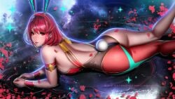 1girls ass black_leotard breasts bunny_ears bunny_tail fake_animal_ears fake_tail in_water large_breasts leotard liang_xing looking_at_viewer nintendo pantyhose petals playboy_bunny pyra red_eyes red_hair short_hair water xenoblade_(series) xenoblade_chronicles_2