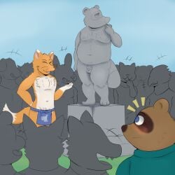 animal_crossing anthro balls belly blush bottomwear brown_body brown_fur canid canine clothing crazy_eyes crazy_redd embarrassed flaccid fox fur genitals group hi_res humiliation humor kaibones loincloth male male_focus mammal navel nintendo nipples orange_body orange_fur overweight_male penis pupils raccoon_dog sculpture slightly_chubby slit_pupils small_penis statue tanuki tom_nook