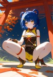 1girls ai_generated blue_eyes breasts flyingdeer-zero genshin_impact medium_breasts pussy_juice solo solo_female solo_focus squatting xiangling_(genshin_impact) yellow_eyes