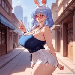 ai_generated alternate_breast_size animal_ear_fluff animal_ears balecxi bare_shoulders blue_hair braid cleavage female heart heart-shaped_eyewear hololive huge_breasts long_hair looking_at_viewer mature_female outdoors pekomama rabbit_ears rabbit_girl rabbit_tail red_eyes short_shorts solo sunglasses thick_eyebrows thighs v virtual_youtuber white_shorts