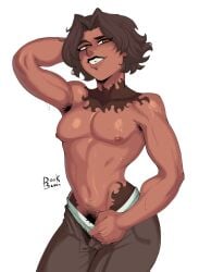 ambiguous_gender androgynous armpit_hair black_lipstick brown_hair dorkbum hairy_armpits happy_trail hip_tattoo neck_tattoo overwatch overwatch_2 pubic_hair pubic_hair_peek pulling_down_pants short_hair smiling tattoo toned_body topless venture