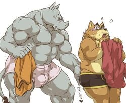 boxers canine furry male mammal plain_background rhinoceros slap tetsuo_oshiba text translation_request underwear yaoi