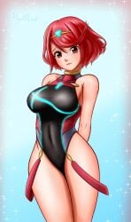 1girls arms_behind_back black_one-piece_swimsuit black_swimsuit breasts competition_swimsuit core_crystal large_breasts looking_at_viewer mythro nintendo one-piece_swimsuit pyra red_eyes red_hair short_hair swimsuit tiara xenoblade_(series) xenoblade_chronicles_2