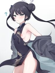 ? bare_shoulders black_hair blue_archive blue_eyes blush breasts china_dress chinese_clothes cleft_of_venus coat covered_navel covered_nipples double_bun dragon_print dress female gradient_background groin hair_bun halo hameda_pojirou highres kisaki_(blue_archive) long_hair looking_at_viewer nipple_slip nipples off_shoulder small_breasts solo twintails uncensored variant_set