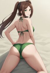 1girls ai_generated ass ass_focus beach bikini brown_hair drag-on_dragoon_3 drakengard_3 female four_(drag-on_dragoon) four_(drakengard) green_bikini green_eyes long_hair looking_at_viewer lying on_back pale-skinned_female smile twintails