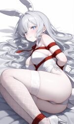 1girls ai_generated arms arms_behind_back arms_tied arms_tied_behind_back ass bed bed_sheet bedding bedroom bedroom_setting bedsheets blush bound bound_ankles bound_arms bound_hands bound_legs bound_torso bound_wrists breasts bunny_costume bunny_ears bunny_girl bunny_suit bunny_tail bunnysuit drool female female_focus female_only girl heels high_heels legs legs_together messy_hair red_rope rope rope_belt rope_between_breasts rope_bondage rope_harness ropes sexy_female shiny_clothes shiny_leotard thighs tied_arms tied_hands tied_legs tied_up wavy_hair white_bunny_ears white_bunnygirl_costume white_bunnysuit white_legwear white_leotard white_tights