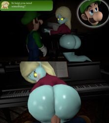 1boy 1girls 3d 3d_(artwork) ass ass_focus big_ass blonde_hair blue_body blue_eyes blue_overalls blush bottomless bottomless_female brown_hair clothing dat_ass dialogue doggy_style duo eyelashes facial_hair fat_ass female fucked_from_behind ghost ghost_girl gloves green_hat green_shirt hat huge_ass indoors jinouga97 large_ass long_hair looking_at_another luigi luigi's_mansion male male/female male_pov mario_(series) melody_pianissima moustache nintendo penis penis_in_pussy piano red_shirt sex shirt straight straight_sex text thick_ass white_gloves yellow_eyes