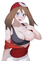 blush embarrassed huge_breasts keiz may_(pokemon) perky_breasts perky_nipples pokemon