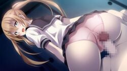 ass back blush brown_hair buttjob censored clothed_female_nude_male clothing female from_behind game_cg green_eyes highres long_hair looking_back lying mosaic_censoring noba open_mouth panties penis school_uniform sitting sitting_on_person skirt solo_focus tegome_ni_sareru_kyuunin_no_otome tied_hair twintails underwear yobai_suru_shichinin_no_harame_2