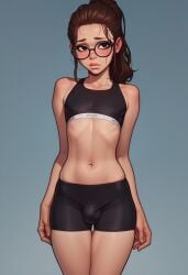 1boy ai_generated androgynous brown_hair bulge civitai claire_(truep81) crossdressing femboy feminine_male glasses long_hair male male_only ponytail sports_bra sports_shorts sportswear thighs truep81_(artist)