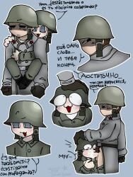 2boys annoyed_expression balls blowjob blue_eyes blush blush_lines boots brown_eyes brown_hair cartoon clothed_sex clothing cum cum_in_mouth dialogue dick felation fellatio gay gay_sex helmet hug humor i_dont_have_ideas idk_what_to_tag_it male_focus military military_helmet military_jacket military_uniform oral pants_down parody_character parody_porn russian_text short_hair simple_background simple_coloring simple_shading soldier spanish_text star_(symbol) text