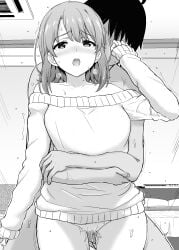 desk_sex doggy_style hikigaya_hachiman hugging hugging_from_behind inanaki_shiki isshiki_iroha monochrome my_teen_romantic_comedy_snafu sex standing_sex sweater sweater_only vaginal_penetration