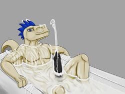 anthro balls bath blue_eyes blue_hair cum cum_bath cum_everywhere cum_on_face cumshot dinosaur erection excessive_cum hair hyper hyper_cum hyper_penis johawk looking_at_viewer male male_only messy nude orgasm penis raptor reptile scalie smile solo