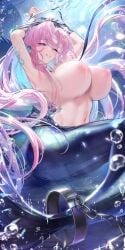 absurdres armpits azur_lane blush bound bound_wrists breasts chains female fingernails fins fish fish_tail ganj-i-sawai_(azur_lane) ganj-i-sawai_(mermaid_in_distress)_(azur_lane) grin highres huge_breasts long_hair looking_at_viewer meisansan mermaid monster_girl motion_blur nail_polish navel nipples one_eye_closed parted_bangs pink_eyes pink_hair pink_lips pink_nails signature smile solo tail tape tape_bondage underwater