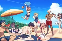 4boys 4girls abs ahoge ai_assisted ai_generated alternative_costume animal_ears archer_(fate) artoria_pendragon artoria_pendragon_(alter) astolfo_(fate) ball bangs barefoot beach beach_umbrella bikini black_hair blonde_hair blue_eyes blue_hair blue_sky blush braid breasts clothing cloud cu_chulainn_(fate) cu_chulainn_(fate/stay_night) dark-skinned_male dark_skin day fate/grand_order fate_(series) feet female food front-tie_top fruit fujimaru_ritsuka_(male) glasses green_eyes group hair_bun hair_ornament hat holding horns latbjorn_ai long_hair lying male male_swimwear mordred_(fate) multicolored_hair multiple_boys multiple_girls muscle navel ocean on_side one-piece_swimsuit oni_horns open_mouth outdoors pink_hair ponytail purple_eyes purple_hair red_eyes saber sand sand_castle sand_sculpture sarong short_hair shorts shuten_douji_(fate) sitting skin-covered_horns sky smile sweat swimming_trunks swimsuit tied_hair tohsaka_rin topless_(male) towel umbrella water water_gun watermelon white_hair