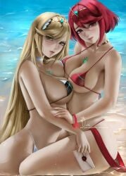 2girls beach bikini blonde_hair bracelet breasts choker core_crystal earrings holding_letter in_water large_breasts letter long_hair looking_at_viewer midriff mythra navel nintendo ocean outside pyra red_bikini red_eyes red_hair red_swimsuit short_hair smash_invitation swimsuit tiara water weisart white_bikini white_swimsuit xenoblade_(series) xenoblade_chronicles_2 yellow_eyes