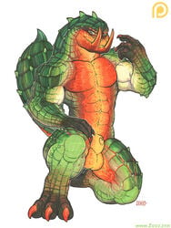 2015 abs amphibian anthro balls biceps big_muscles capcom claws iggi male male_only monster_hunter muscles pecs penis penis_tip pinup plain_background pose scalie sheath solo tusks video_games white_background