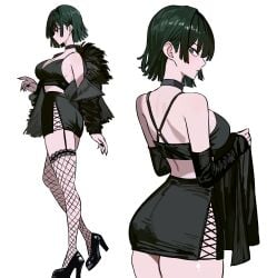 absurdres alternate_costume ass black_background black_choker black_footwear black_nails black_skirt breasts choker cleavage crop_top female fishnet_thighhighs fishnets fubuki_(one-punch_man) fur-trimmed_jacket fur_trim garter_straps green_eyes green_hair high_heels highres jacket lace-trimmed_thighhighs lace_trim large_breasts looking_at_viewer looking_to_the_side midriff miniskirt nail_polish off_shoulder one-punch_man open_clothes open_jacket simple_background skirt slit_skirt standing strap thighhighs white_background zeon_(zzeeonn)