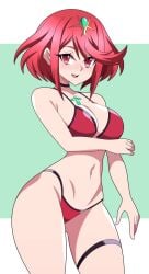 1girls abysswatchers bikini breasts choker core_crystal large_breasts looking_at_viewer midriff navel nintendo pyra red_bikini red_eyes red_hair red_swimsuit short_hair swimsuit thigh_strap tiara xenoblade_(series) xenoblade_chronicles_2