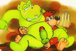 2015 anal anal_sex anthro balls banjo-kazooie banjo_(banjo-kazooie) bear belly bowserboy101 duo erection fur hair humanoid_penis klungo_(banjo-kazooie) male male_only mammal nude penetration penis sex smile video_games yaoi