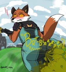 anthro big_ass building clouds club_(weapon) elbow_tuft embarrassed epic_games facial_tuft fart fart_fetish farting fennix_(fortnite) fortnite fox gas gassy looking_back male melee_weapon odka orange_eyes rear_view shoulder_pads spandex stomach_noises suit surprised sweat tail video_games