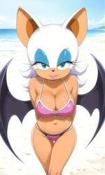 1girls ai_generated anthro bat bat_wings beach bikini blue_eyes chiropteran female looking_at_viewer mobian_(species) ocean rouge_the_bat smile sonic_(series) tagme white_hair wings