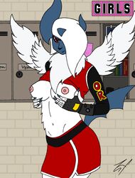 absol anthro anthrofied breasts clothed clothing half-dressed mega_absol mega_evolution nintendo nipples pokemon pokemon_(species) topless video_games zehfox