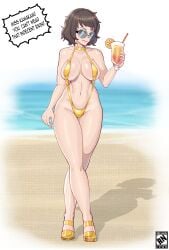 1girls beach_background caprednahu cleavage drink_glass english_text female persona_5 revealing_clothes sadayo_kawakami solo solo_female speech_bubble sunglasses tagme text tinted_eyewear yellow_bikini