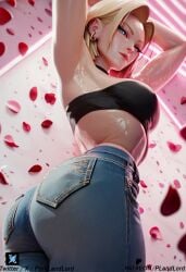 ai_generated android_18 big_breasts blonde_hair blue_eyes dbz dragon_ball dragon_ball_super dragon_ball_z dragon_girl jeans leaning_back nude oil oiled on_back pornlandlord sex spread_legs sweat sweaty tongue tongue_out vaginal_penetration