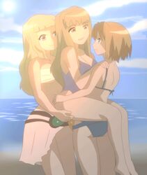 3girls anal_insertion animated beach bikini blonde_hair blue_eyes brown_eyes brown_hair cleavage double_penetration female fujino_shizuru long_hair mai-hime mai_hime multiple_girls my-hime nenna nennanennanenna one-piece_swimsuit pareo penetration sex_toys short_hair small_breasts smile standing standing_sex strap-on suzushiro_haruka swimsuit tokiha_mai vaginal_insertion yuri