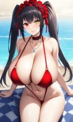 1girls ai_generated black_hair date_a_live enormous_breasts female female_focus female_only heterochromia looking_at_viewer red_bikini smiling smiling_at_viewer thick_thighs thighs tokisaki_kurumi twintails