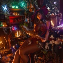 3d 3d_model black_hair book cait_sith cape cleavage corset final_fantasy final_fantasy_vii final_fantasy_vii_remake fit_female halloween halloween_costume halloween_theme inner_sideboob leotard long_hair red_eyes red_lipstick red_nails red_xiii ria-neearts room see-through see-through_clothing sitting thighs tifa_lockhart witch witch_costume witch_hat