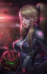 1girls armor blonde_hair blue_eyes bodysuit breasts female female_only hair headgear helmet helmet_with_visor large_breasts metroid nintendo paul_kwon ponytail samus_aran solo tied_hair tight_clothes varia_suit_helmet zero_suit zero_suit_samus zeronis