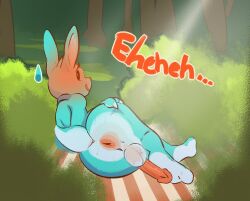 2024 anthro anus ass backsack balls beanshaped blush bodily_fluids collar collar_only countershading detailed_background english_text erection femboy forest forest_background fur genitals grass hand_on_butt humanoid_genitalia humanoid_penis lagomorph leporid looking_at_viewer looking_back looking_back_at_viewer male mammal multicolored_body multicolored_fur nature nature_background nervous nervous_smile nude outside penis plant rabbit scut_tail short_tail shrub smile solo spread_butt spreading sweat sweaty_balls sweaty_butt sweaty_genitalia tail teal_body teal_fur text tree y_anus