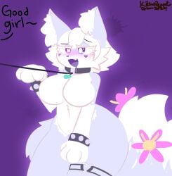 anthro anthro_only artist_tag belly belly_button breasts collar drool english_text female_only furry kemozeppelin leash paws praise_kink tagme unusual_pupils