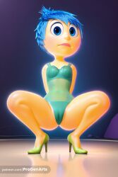 1girls ai_generated apple_green_clothing arms_behind_back big_eyes blue_eyes blue_hair bra breasts cameltoe disney hi_res high_heels inside_out inside_out_2 joy_(inside_out) lingerie panties patreon patreon_url patreon_username pixar progenarts see-through short_hair small_breasts solo spread_legs squatting teal_clothing underwear underwear_only web_address yellow-skinned_female yellow_body yellow_skin