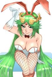 1girl 1girls animal_ears bare_shoulders blush bow bowtie breasts bunny_ears bunnysuit ceroccb cleavage detached_collar fake_animal_ears female fishnet_pantyhose fishnets forehead_jewel gloves green_eyes green_hair kid_icarus large_breasts leotard long_hair looking_at_viewer nintendo palutena pantyhose parted_bangs playboy_bunny rabbit_ears simple_background sitting smile solo solo_female strapless_leotard tagme tiara very_long_hair white_background white_gloves white_leotard