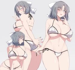 ass big_breasts bikini blue_eyes blue_nails blush bow breasts chimunge cleavage female grey_hair hairbow highres large_breasts linea_alba multiple_views navel one_eye_closed open_mouth seductive_smile senran_kagura smile striped_bow swimsuit white_bow yumi_(senran_kagura)