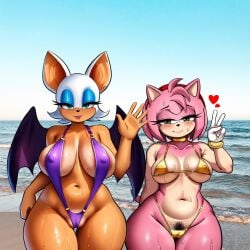 ai_generated amy_rose beach bikini blush breasts cameltoe duo duo_female female female_only fur furry large_breasts micro_bikini novelai peace_sign pubic_hair rouge_the_bat sega sling_bikini slingshot_swimsuit smile sonic_(series) sonic_the_hedgehog_(series) swimsuit swimwear tan_body that_guy9001 thick_thighs waving wide_hips