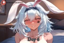 1girls ai_generated akyoi animal_ears bedroom blue_hair blush breasts brown_eyes bunny_ears dark-skinned_female dark_skin female genshin_impact hairband looking_at_viewer medium_breasts medium_hair mualani_(genshin_impact) patreon short_hair smile solo solo_female symbol-shaped_pupils tanline white_hair