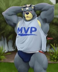 absurd_res animal_crossing anthro armpit_hair balls_outline bandage_on_head barazoku bear biceps bigboarjun blue_clothing blue_jockstrap blue_underwear blush body_hair bulge clothing curt_(animal_crossing) detailed_bulge embarrassed erection erection_under_clothing flexing genital_outline glans_outline hand_on_head hi_res jockstrap looking_aside male mammal manly musclegut muscular muscular_arms muscular_legs muscular_thighs nintendo outside pecs penis_outline pinup plant pose shirt solo tank_top thick_thighs topwear tree triceps underwear