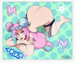 ass female female_only iono_(pokemon) laying_down lewdershooter multicolored_hair nintendo nude on_all_fours pink_hair pokemon pokemon_sv tagme tongue yellow_eyes