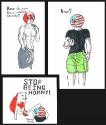 blush boner_in_pants canada_(countryhumans) cargo_shorts comic countryhumans erection_under_clothes incest male_only semi_nude united_states_of_america_(countryhumans)