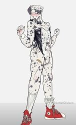 anthro ass balls big_penis canid canine canis clothing dalmatian domestic_dog embarrassed femboy footwear fur genitals hi_res littleoliviern male mammal nipples penis shoes socks solo