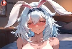 1girls ai_generated akyoi animal_ears bedroom blue_hair blush breasts brown_eyes bunny_ears dark-skinned_female dark_skin female genshin_impact hairband looking_at_viewer medium_breasts medium_hair mualani_(genshin_impact) patreon short_hair smile solo solo_female symbol-shaped_pupils tanline white_hair