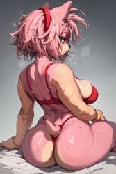 1girls ai_generated amy_rose anthro ass breasts clothing dat_ass female female_only furry green_eyes handwear hedgehog huge_ass huge_breasts looking_at_viewer looking_back mobian_(species) mostly_nude nipples nude rodent smile solo sonic_(series) sweat sweating