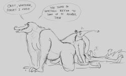 absurd_res anteater anthro ass comic crocodile crocodilian dialogue duo erection grivaire grivaire_(character) hi_res male male/male mammal musclegut muscular pilosan presenting presenting_hindquarters reptile scalie size_difference small_dom_big_sub xenarthran