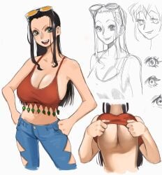 1girls big_breasts breasts cleavage episode_of_luffy eyewear_on_head female female_only hands_on_hips hi_res huge_breasts jeans jerrydurd nico_robin one_piece red_topwear smile sunglasses sunglasses_on_head taking_clothes_off tinted_eyewear undressing